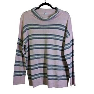 J. JILL Sweater‎ Large Roll Neck Striped Knit Light Pink Drop Shoulder Casual